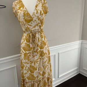Q2 Mustard Yellow and White Floral Wrap Maxi Dress